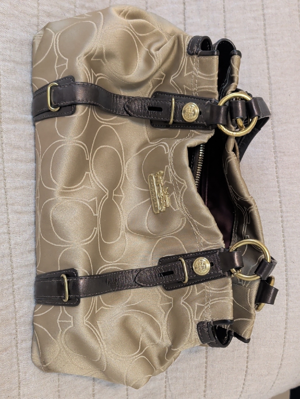 Coach Satin Logo Shoulder Bag in Champagne and Dark Brown